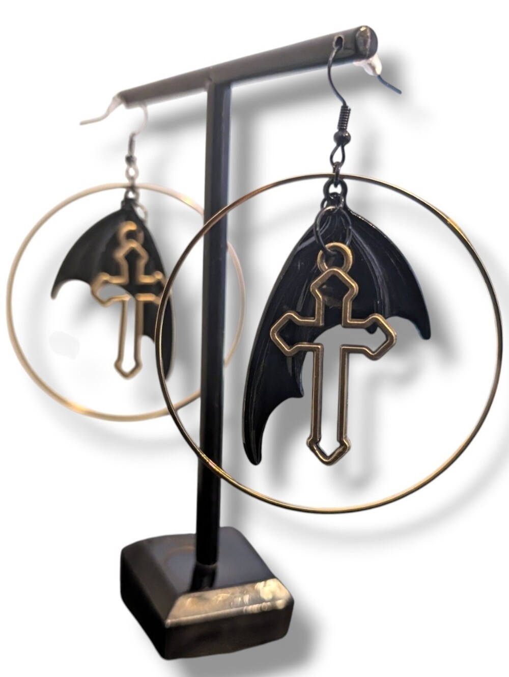 NWT Handmade Black Bat Wing Cross and Gold Hoop Layered Earrings